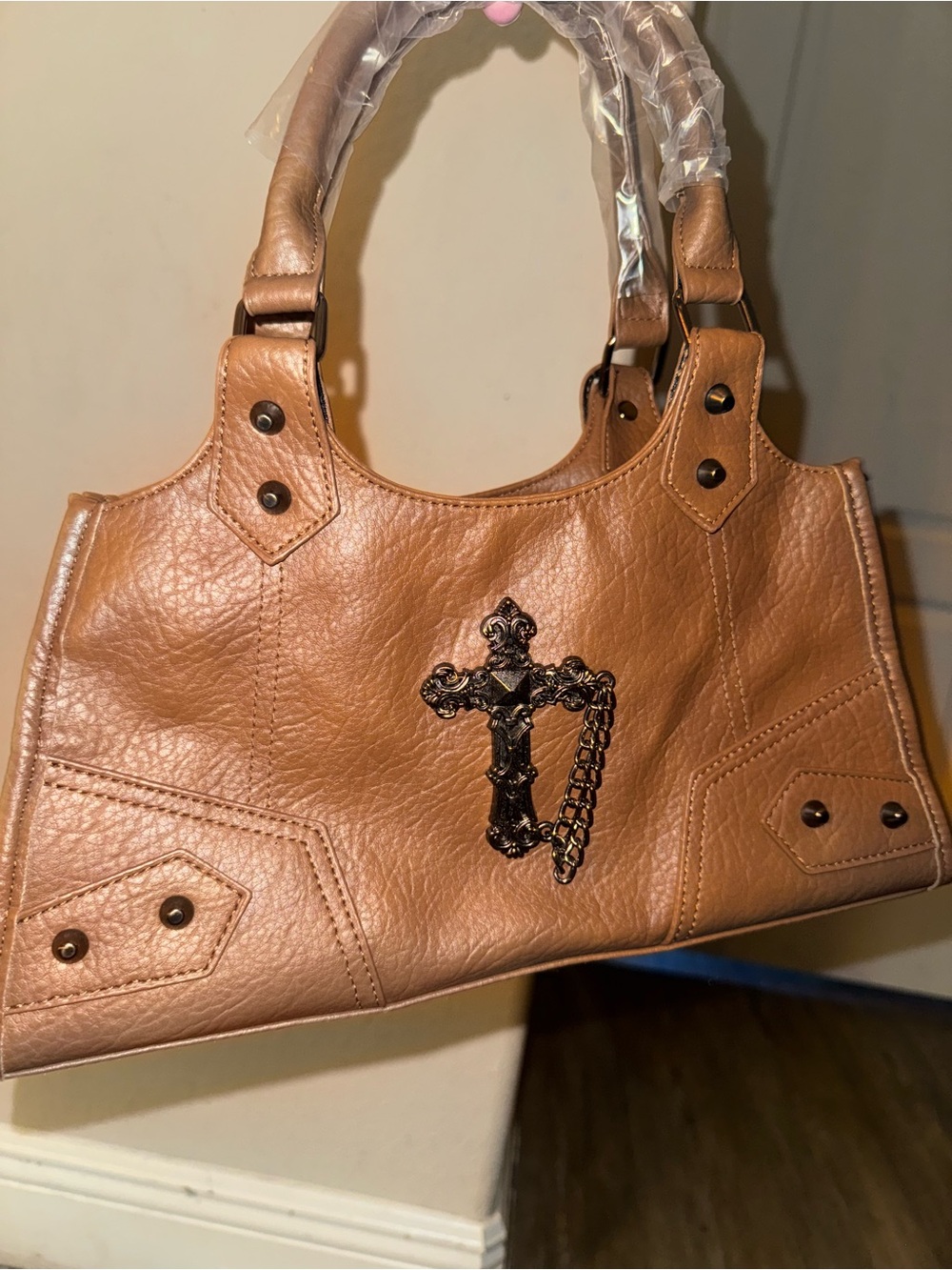 Tan Women's Faux Leather Satchel with Decorative Cross